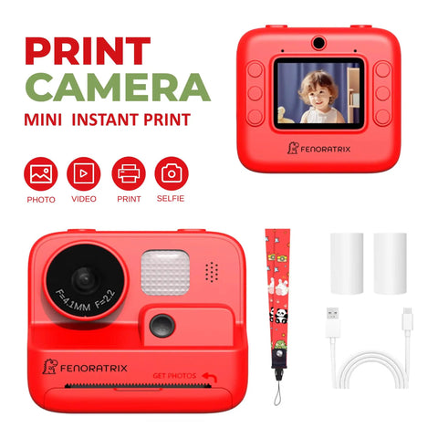 No Ink Instant Print Kids Camera With 2.4 Inch Screen And 1080P Video Selfie Mode 10X Zoom Includes 3 Paper Rolls Stickers And Markers, red ABS plastic