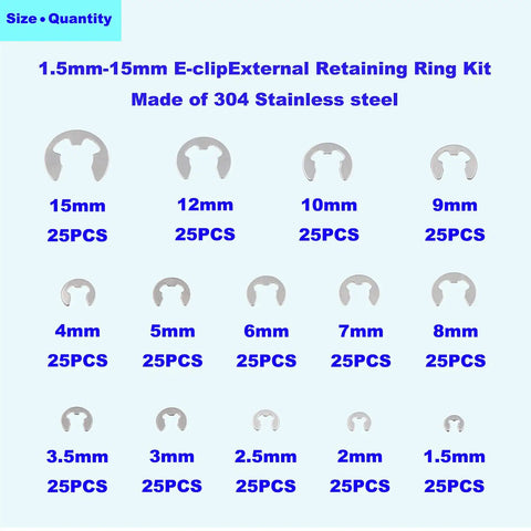 Stainless Steel External Retaining Ring E Clip Assortment Kit, 14 Sizes, 350 Pieces displayed with size and quantity