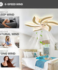 Cool Ceiling Fan With Lights LED Flower Shape Flush Mount Low Profile Lamp in bedroom, showcasing 6-speed wind settings