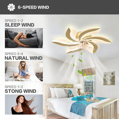 Cool Ceiling Fan With Lights LED Flower Shape Flush Mount Low Profile Lamp in bedroom, showcasing 6-speed wind settings