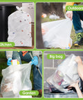 Four images showing Extra Large All Purpose Trash Bags 40-45 Gallon, 33 Count used in kitchen, outdoors, garden, and large trash bin.
