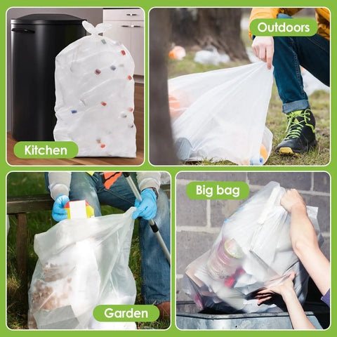 Four images showing Extra Large All Purpose Trash Bags 40-45 Gallon, 33 Count used in kitchen, outdoors, garden, and large trash bin.