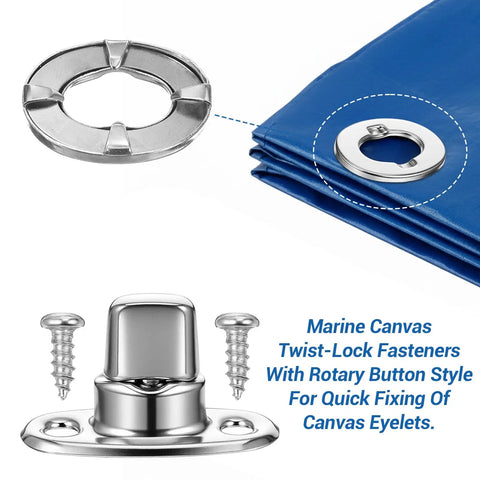 Rock Solid Marine Grade Twist Lock Fastener Kit 35 Pack showing zinc alloy latches and eyelets for quick securing of tarps.