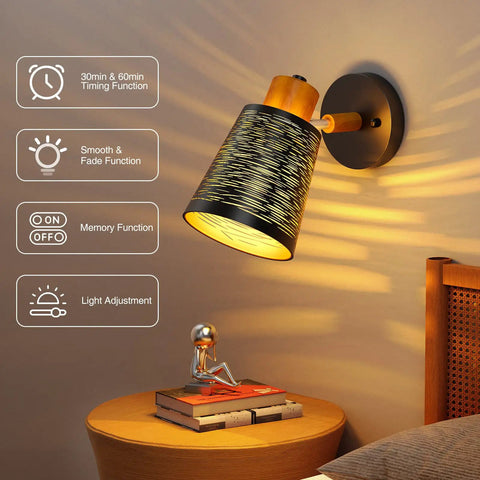 Two Pack Plug In Dimmable RGB White Wall Lights With Smart Bulb And Switch Control Easy App Control For Bedroom Living Room Hallway Make It Lit Mood Lighting installed on wall above nightstand with features displayed.