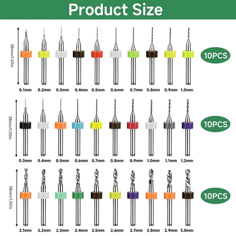 30 Piece Micro Drill Bit Set Tungsten Carbide Spiral Flute Mini Drill Bits displayed by size and color for rotary tools PCB CNC engraving