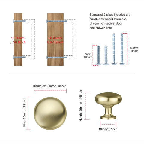 Brushed Gold Cabinet Knobs 10 Pack Modern Drawer Pulls for kitchen and bathroom with screw dimensions and installation guide