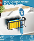 Black Kitchen Sink Sponge Holder Caddy with sponges and brush, mounted on a sink; space saving organizer for neat sink setup