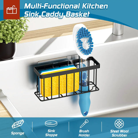 Black Kitchen Sink Sponge Holder Caddy with sponges and brush, mounted on a sink; space saving organizer for neat sink setup