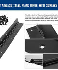 Two Pack 36 Inch by 3 Inch Black Piano Hinge Heavy Duty Stainless Steel Continuous Hinge for Cabinets Doors DIY Wood Boxes with 0.05 Inch Leaf Thickness Includes Screws and 2.36 Inch Screw Hole Spacing, displayed with included screws.