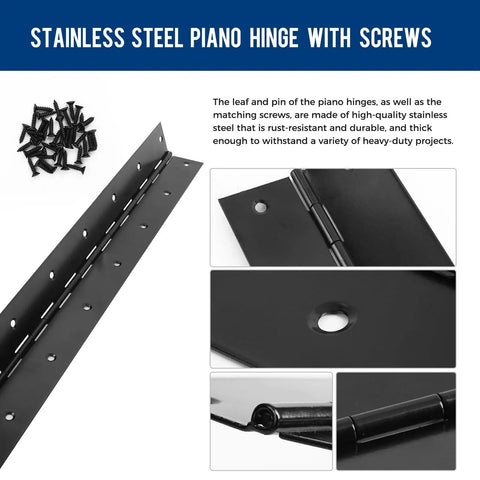 Two Pack 36 Inch by 3 Inch Black Piano Hinge Heavy Duty Stainless Steel Continuous Hinge for Cabinets Doors DIY Wood Boxes with 0.05 Inch Leaf Thickness Includes Screws and 2.36 Inch Screw Hole Spacing, displayed with included screws.