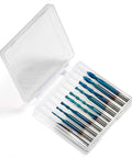 Ten Piece Nano Blue Coated Ball Nose End Mills Set, Two Flute, One Eighth Inch Shank, 0.8mm to 2.5mm Cutting Diameter in plastic case