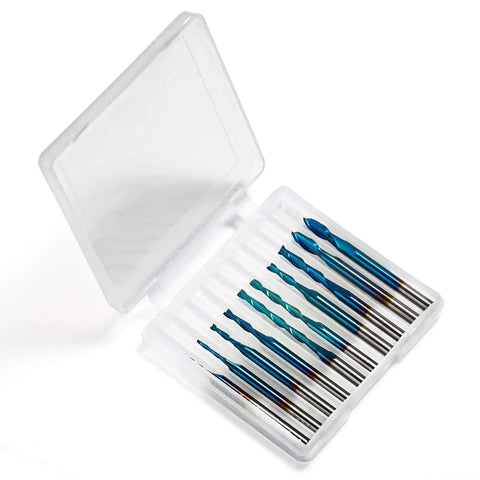 Ten Piece Nano Blue Coated Ball Nose End Mills Set, Two Flute, One Eighth Inch Shank, 0.8mm to 2.5mm Cutting Diameter in plastic case