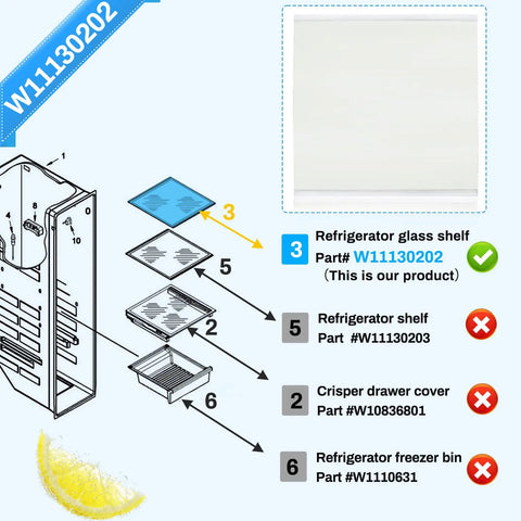 Refrigerator glass shelf schematic, part W11130202, with installation diagram and labeled components.