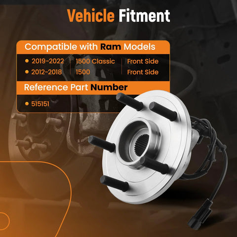 Heavy Duty Front Wheel Bearing And Hub Assembly For Ram 1500 2012-2018 And 2019-2022 Classic, 5 Lug, With ABS, Direct Fit OE Replacement 515151