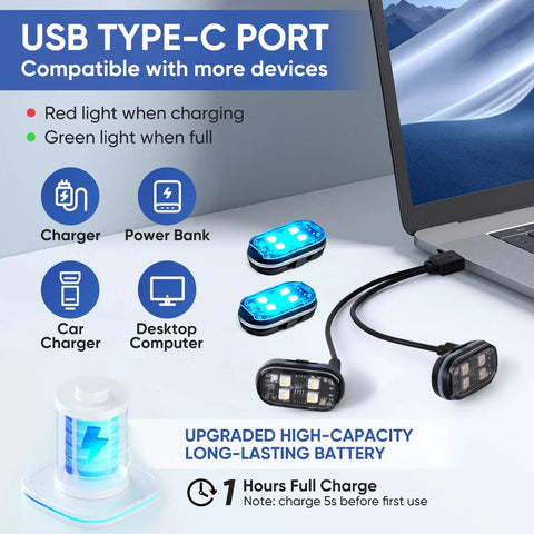 Lit Wireless LED Strobe Lights With Remote Control, 8 Colors, Type C Rechargeable, shown with charging options