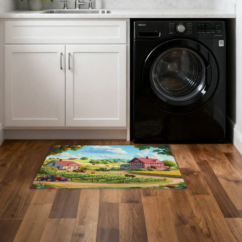 Laundry room with Green Pattern Anti Fatigue Kitchen Mat With Plush Faux Cashmere Comfort, Non Slip Rubber Backing, on floor.