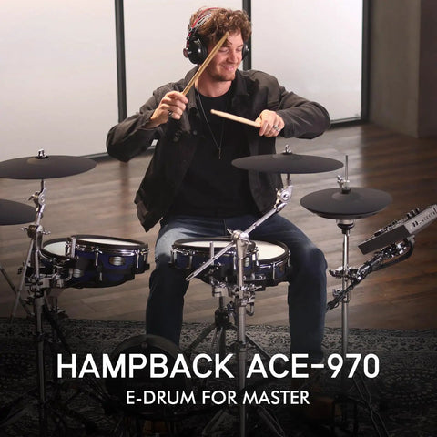 Musician playing on ACE 970 Electric Drum Set With Dual Zone Mesh Pads And Choke Cymbals in studio setting