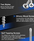 Wood Screws Assortment Kit With Eighteen Sizes Including 6 8 10, 410 stainless self tapping and zinc plated screws displayed.