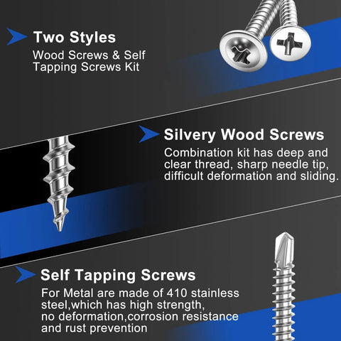 Wood Screws Assortment Kit With Eighteen Sizes Including 6 8 10, 410 stainless self tapping and zinc plated screws displayed.