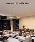 Pack Of Twelve 4 Inch Slim Canless Led Recessed Lights With Selectable 5Cct Dials seamlessly installed in modern living room ceiling.
