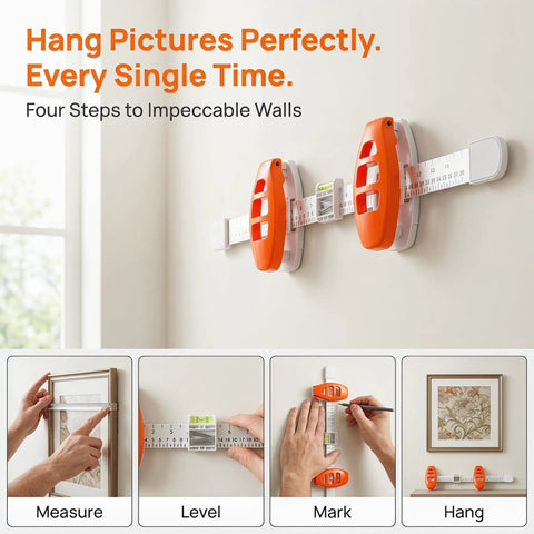 Essential Dead On Picture Hanging Level And Frame Alignment Ruler For No Sweat Wall Decor Setup With Bright Orange Precision Bubble Guide For Reliable Art Placement on wall with frames.