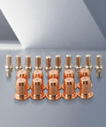 20 Pieces Pro Grade Plasma Electrode Tips And Nozzles Kit 0.9mm For IPT40 Torch And IPT60 PT40 AHP ALPHACUT 60 LONGEVITY 42i 62i EVERLAST 50S 60S Plasma Cutter Consumables displayed on a reflective surface, showing copper and silver components in two rows.
