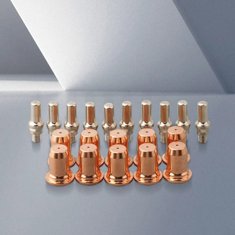 20 Pieces Pro Grade Plasma Electrode Tips And Nozzles Kit 0.9mm For IPT40 Torch And IPT60 PT40 AHP ALPHACUT 60 LONGEVITY 42i 62i EVERLAST 50S 60S Plasma Cutter Consumables displayed on a reflective surface, showing copper and silver components in two rows.