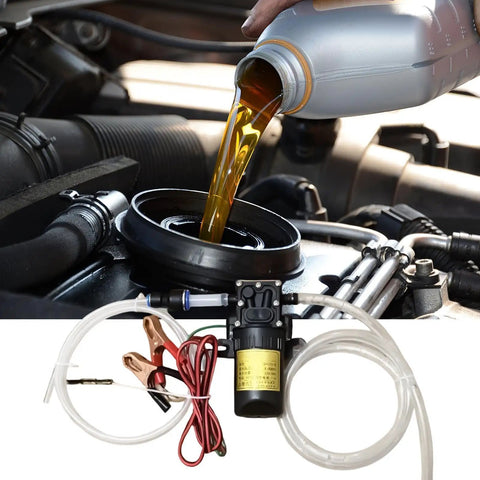 Heavy Duty 12V Self Priming Transfer Oil Pump For Garage And Shop Fluid Extractor with wires and oil being poured.
