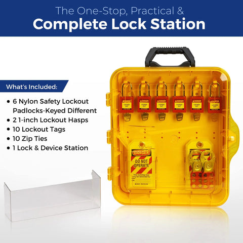 Lockout Tagout Station Kit with LOTO Devices, includes safety locks, padlock hasps, tags, zip ties on a yellow lock station board.