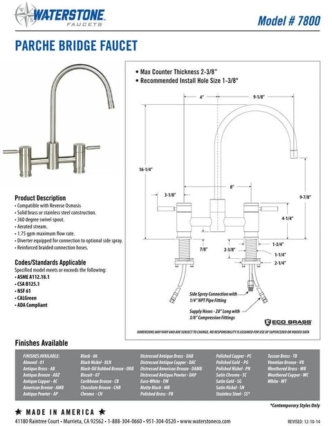 Badass Matte Antique Copper Bridge Faucet 4 Piece Kitchen Sink Set Heavy Duty with detailed plumbing dimensions and features.