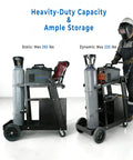 Heavy Duty Welder Cart With 2 Tier 4 Drawer Storage showcasing dual cylinder slots, safety chains, and 360 degree swivel wheels
