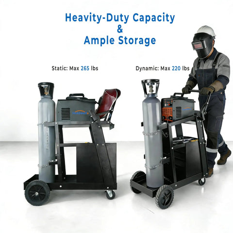 Heavy Duty Welder Cart With 2 Tier 4 Drawer Storage showcasing dual cylinder slots, safety chains, and 360 degree swivel wheels