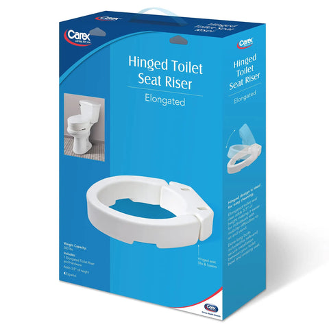 Hinged Elongated Toilet Seat Riser Delivers A Bold Three Point Five Inch Lift For Heavy Duty Three Hundred Pound Support No Sweat Installation And Easy Breezy Cleaning In Clean White