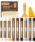 9 Color Wood Filler Sticks And Repair Crayons For Furniture And Floors No Sweat Go To Scratch Fix Kit With Scrapers displayed with colors.