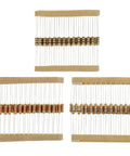 Rock Solid Carbon Film Resistor Assortment Kit Packing 1000 Pieces In 25 Key Ranges From 1 Ohm Up To 1 Mega Ohm With Half Watt Capacity And 5 Percent Precision showing various grouped resistors.