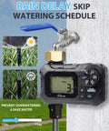 Programmable Garden Hose Water Timer With Rain Delay attached to faucet, showing manual and auto settings, and rain delay feature.