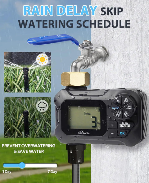 Programmable Garden Hose Water Timer With Rain Delay attached to faucet, showing manual and auto settings, and rain delay feature.