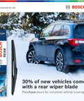 Blue car with snowy background and Bosch rear wiper blade packaging displayed next to it.