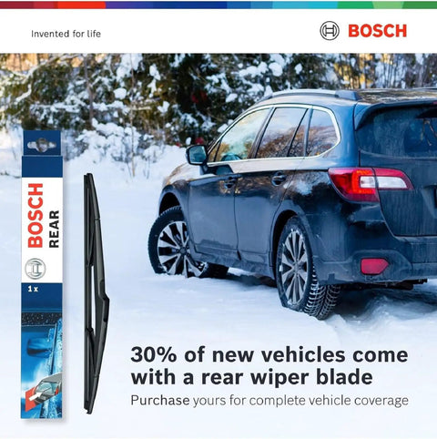 Blue car with snowy background and Bosch rear wiper blade packaging displayed next to it.
