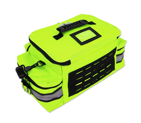 Angled top view of fluorescent yellow Lightning X mid-sized EMT bag with black zipper and MOLLE panel