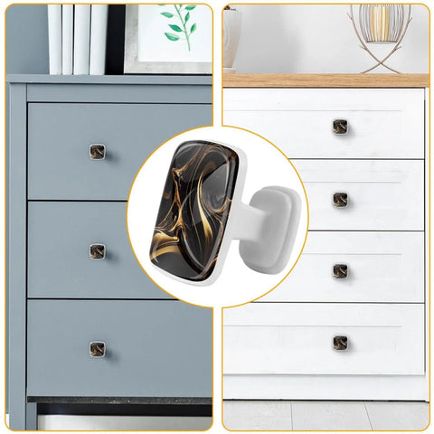 Abstract Marble Fluid Art Black Gold Drawer Handles 4 Pack Glass ABS Cabinet Pulls on blue and white cabinets