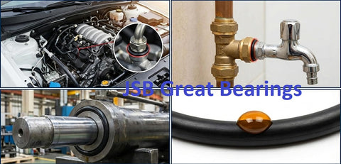 Collage showing uses of 17.17x1.78 NBR O Ring Seal For Cylinders Shafts Nozzles Engines Pipes Joints AS568-017 Premium Nitrile.