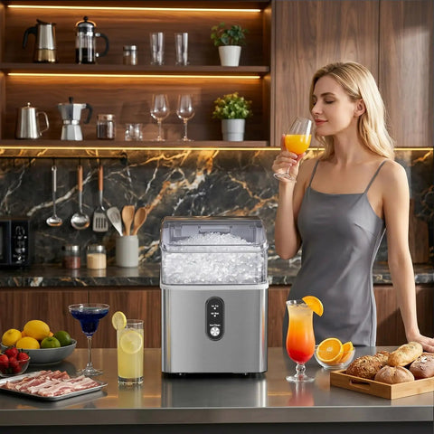 Woman enjoying drink beside Nugget Ice Maker Countertop With Fast 8 Minute Ice, Soft Chewable Sonic Ice, 35 Lbs Per Day, Self Cleaning and Quiet Operation, Compact Stainless Steel Design With Handy Carry Handle, Great For Home Bars And Office Break Rooms.