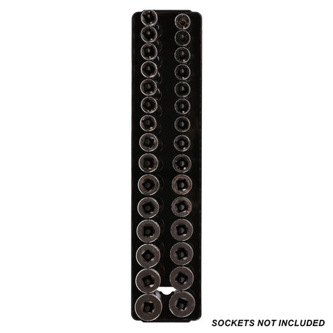 Close-up of Two-Piece 3/8-Inch Drive Socket Keeper Organizer Tray Set in black vertical peg board for metric and SAE sockets
