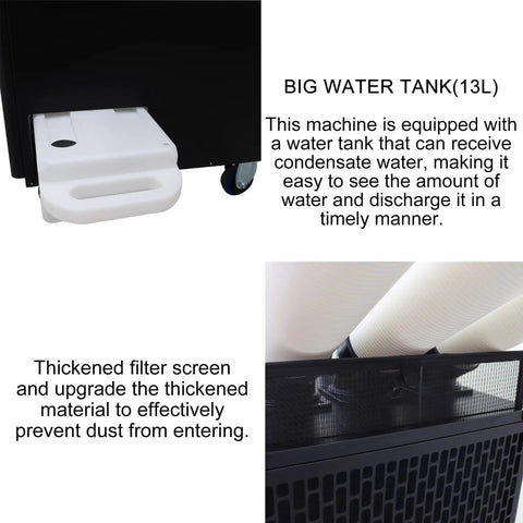 Super Sized 22500 BTU per Hour Portable Air Conditioner Built Heavy Duty For Mechanic Shops And Warehouses To Crush Summer Heat Smooth Without Breaking Sweat Delivers Serious Spot Cooling Exactly Where You Need It Today water tank and filter screen details.