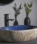 Hella Sleek Round Porcelain Bathroom Vessel Sink With Chrome Pop Up Drain Above Counter Vanity Art Basin High Gloss Scratch Resistant Ceramic Built Tough And Looking Sharp For Your Daily Setup with floral design.