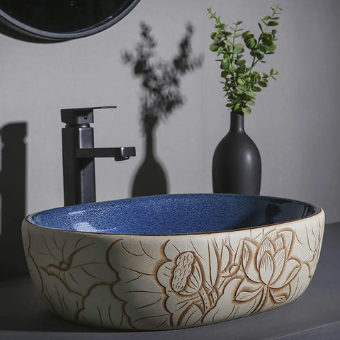 Hella Sleek Round Porcelain Bathroom Vessel Sink With Chrome Pop Up Drain Above Counter Vanity Art Basin High Gloss Scratch Resistant Ceramic Built Tough And Looking Sharp For Your Daily Setup with floral design.