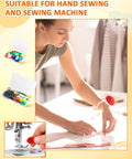 Ultimate 24 Piece Needle Threaders Kit For Hand Sewing Embroidery And Machines With Clear Storage Box Includes 6 Gourd Shaped 6 Thumb Shaped 6 Aluminum Machine Threaders And 6 Petal Shaped Threaders For Easy Threading From FIVEIZERO shown with sewing activities and machine threading demonstration.