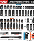 Three Eighths Inch Drive 71 Piece 12 Point Socket Set With Deep And Shallow SAE Five Sixteen To Three Quarters Inch And Metric Eight To Twenty Two Millimeter CR V Build Includes Drill Socket Adapter And Extension Bar Hex Key Set Also Fits Six Point displayed in organized layout