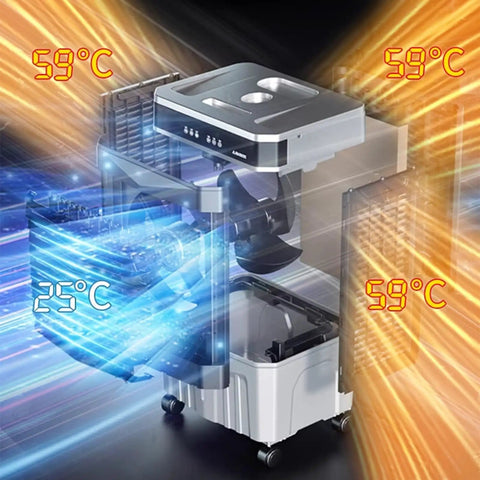 Top Shelf Portable Evaporative Air Cooler With Remote 12H Timer Spacious Water Tank 4 Ice Pads 3 Speeds 90 Oscillation detailed view of internal cooling system with temperature readings.
